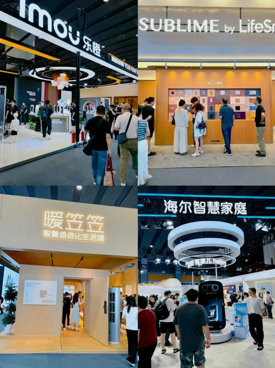 Two demand signals under one roof: the "Warm & Smart" aging-in-place pavilion (bottom left) and Haier's smart-home zone.