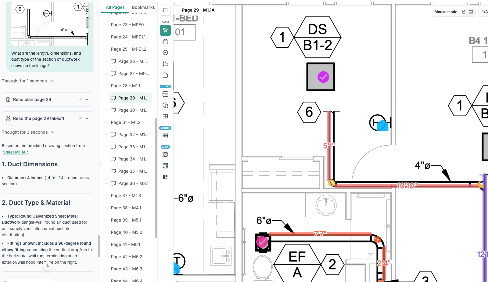 Quotr.ai measurement tools and marked ductwork beside an AI Agent query using a cropped duct image, the drawing and takeoff records. Quotr.ai measurement tools and marked ductwork beside an AI Agent query using a cropped duct image, the drawing and takeoff records.