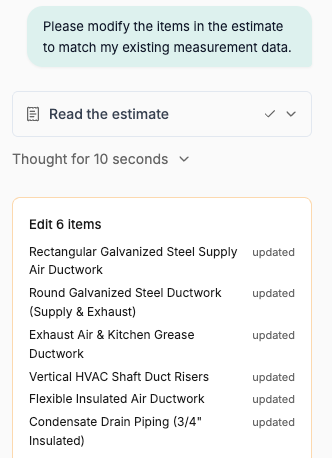 Quotr.ai Agent reads the Estimate and updates ductwork, riser and other items using the existing measurements.