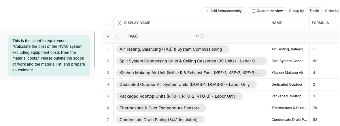 Client scope request beside the initial Quotr.ai Estimate with item rows, formula fields and an Add item or assembly button. Client scope request beside the initial Quotr.ai Estimate with item rows, formula fields and an Add item or assembly button.