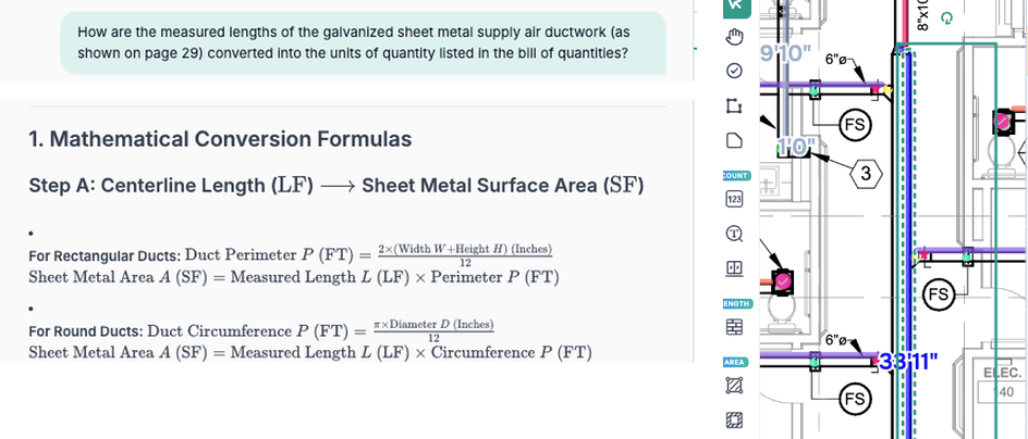 Actual LF-to-SF conversion query and formulas beside the measured duct and takeoff toolbar from the same screenshot. Actual LF-to-SF conversion query and formulas beside the measured duct and takeoff toolbar from the same screenshot.