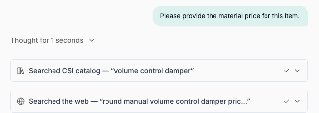 Actual request for item material pricing with CSI catalog and web search actions; unverified rates and amounts are omitted.