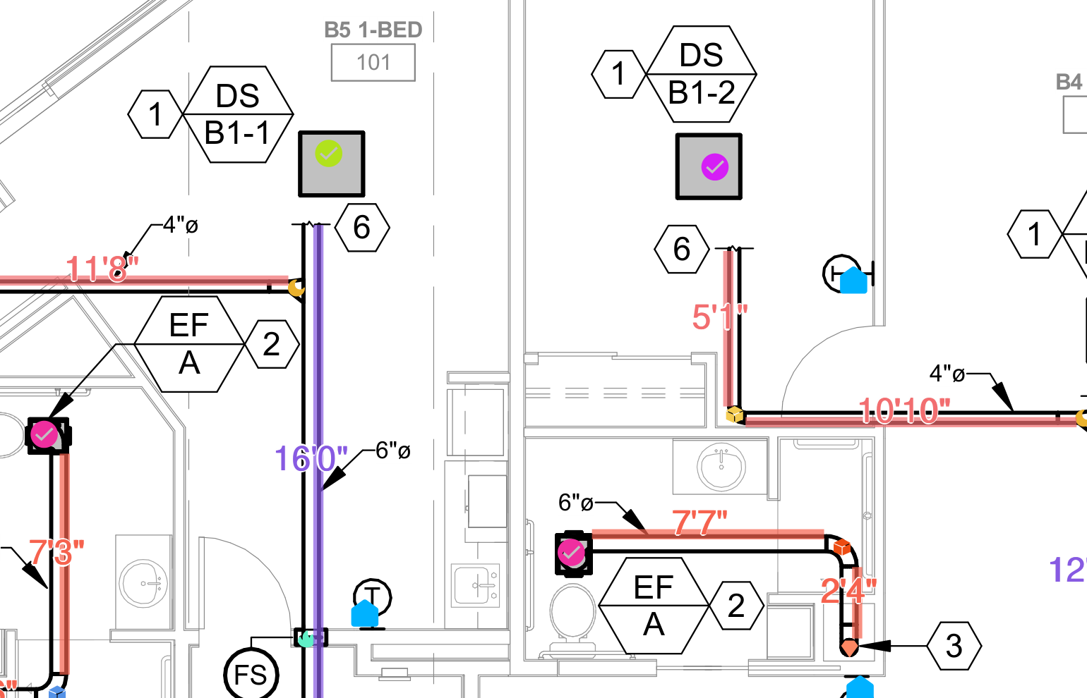 Residential takeoff markup showing separate equipment marks, duct sizes, and colored measured duct runs