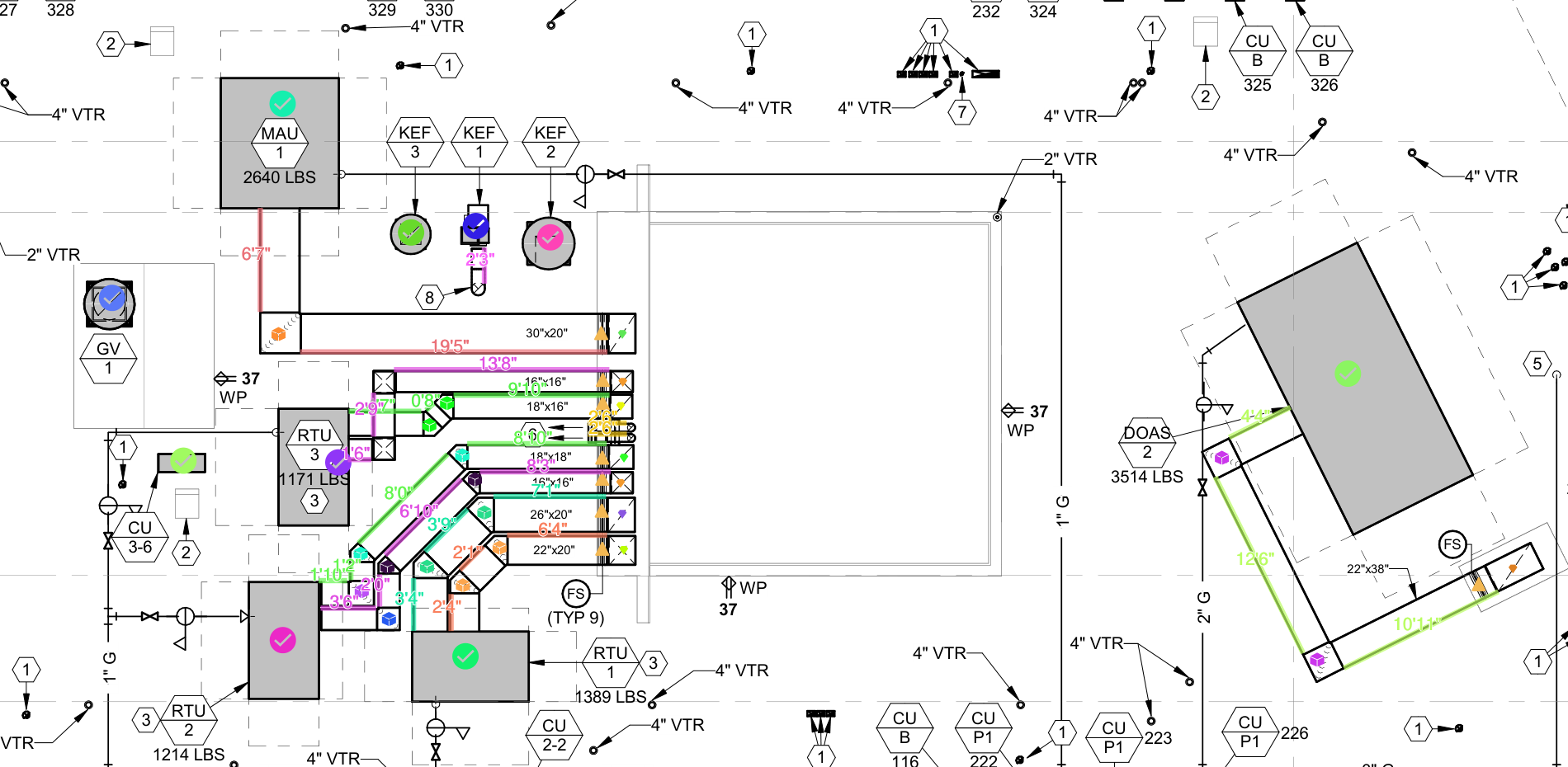 Roof takeoff markup with equipment tags, count marks, duct sizes and colored measured paths. Roof takeoff markup with equipment tags, count marks, duct sizes and colored measured paths.