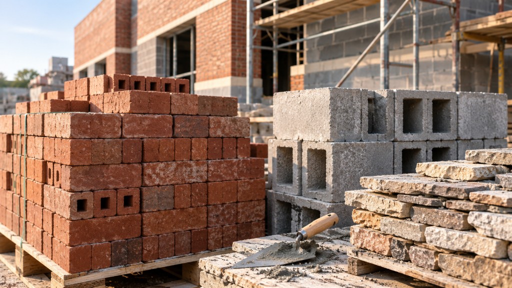 Brick, concrete block, and stone stacked on pallets at a masonry jobsite, with a trowel in the foreground