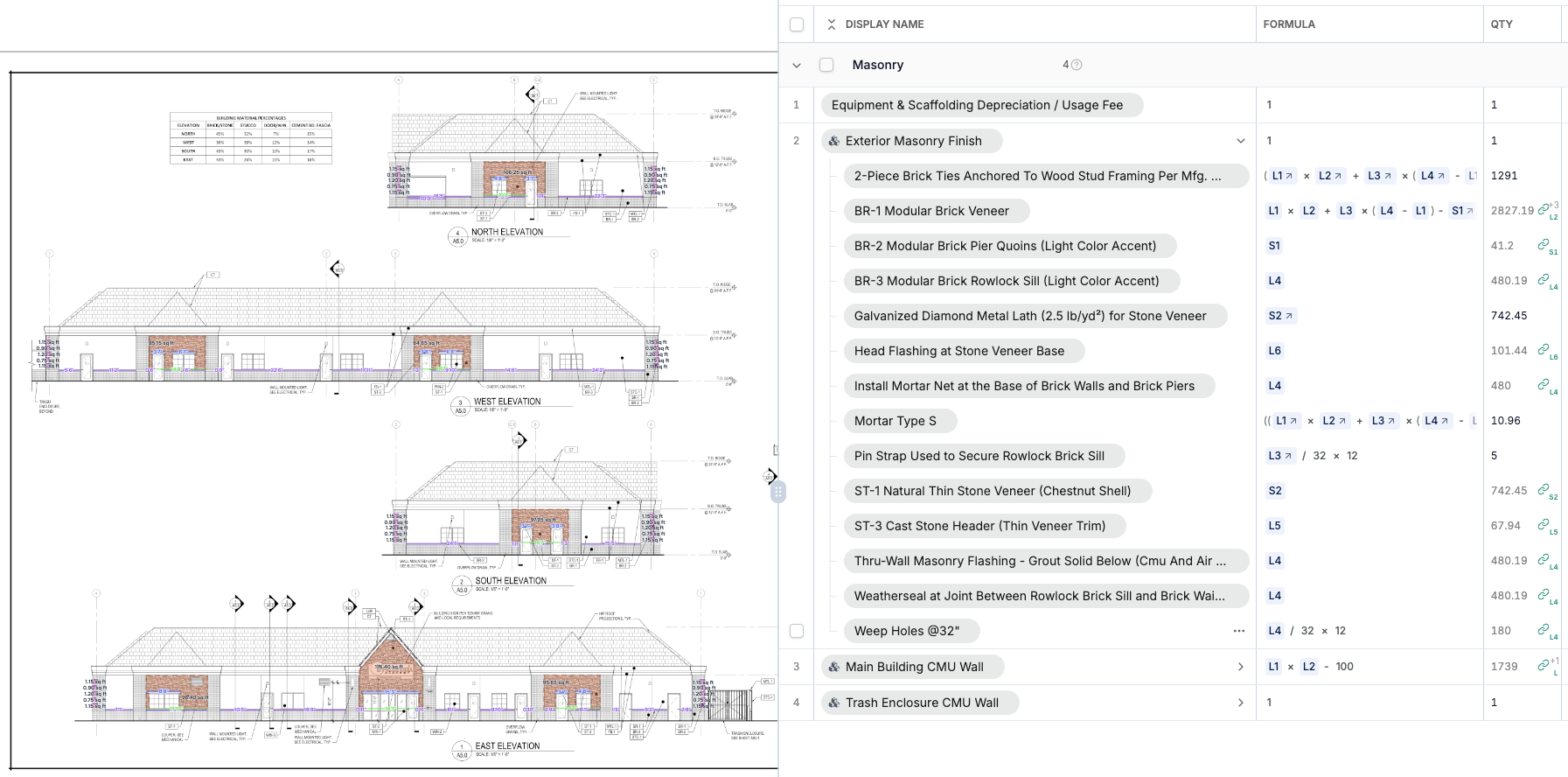 Supplied project screenshot with elevation markups on the left and masonry line items, formulas and quantities on the right.
