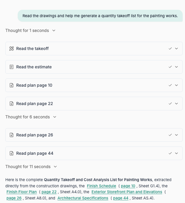 Quotr.ai Agent reads the drawings and starts a painting quantity takeoff list.
