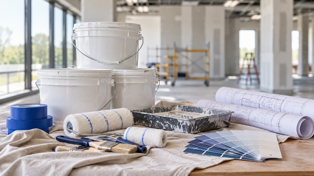 Paint buckets, rollers, brushes, color swatches, and rolled blueprints on a commercial jobsite table