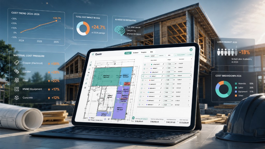 Framing site tablet shows Quotr.ai totals plus floating trends, commodities, labor, and AI panels beside a hard hat.