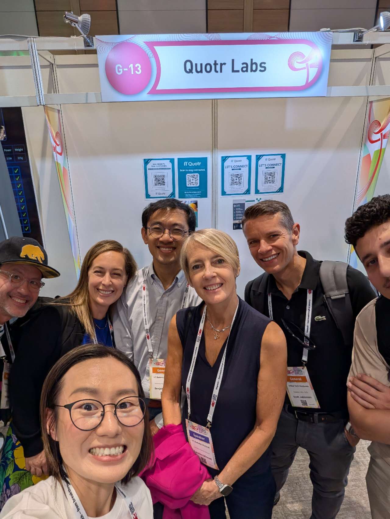 Quotr and Berkeley SkyDeck at the Quotr Labs booth during Global Startup EXPO 2026. The Quotr and Berkeley SkyDeck group at the Quotr Labs booth.
