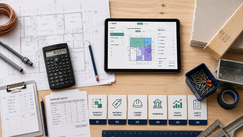 Desk with plans, calculator, paperwork, and samples; tablet shows Quotr.ai takeoff ringed by six numbered pricing-step cards.