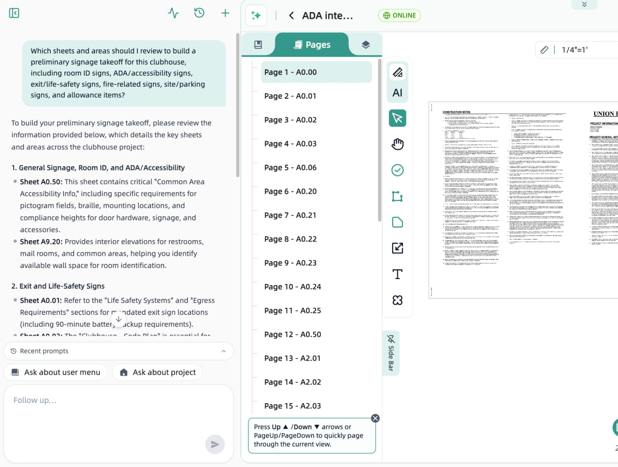 Quotr AI agent listing signage-relevant sheets for a clubhouse takeoff grouped by scope category