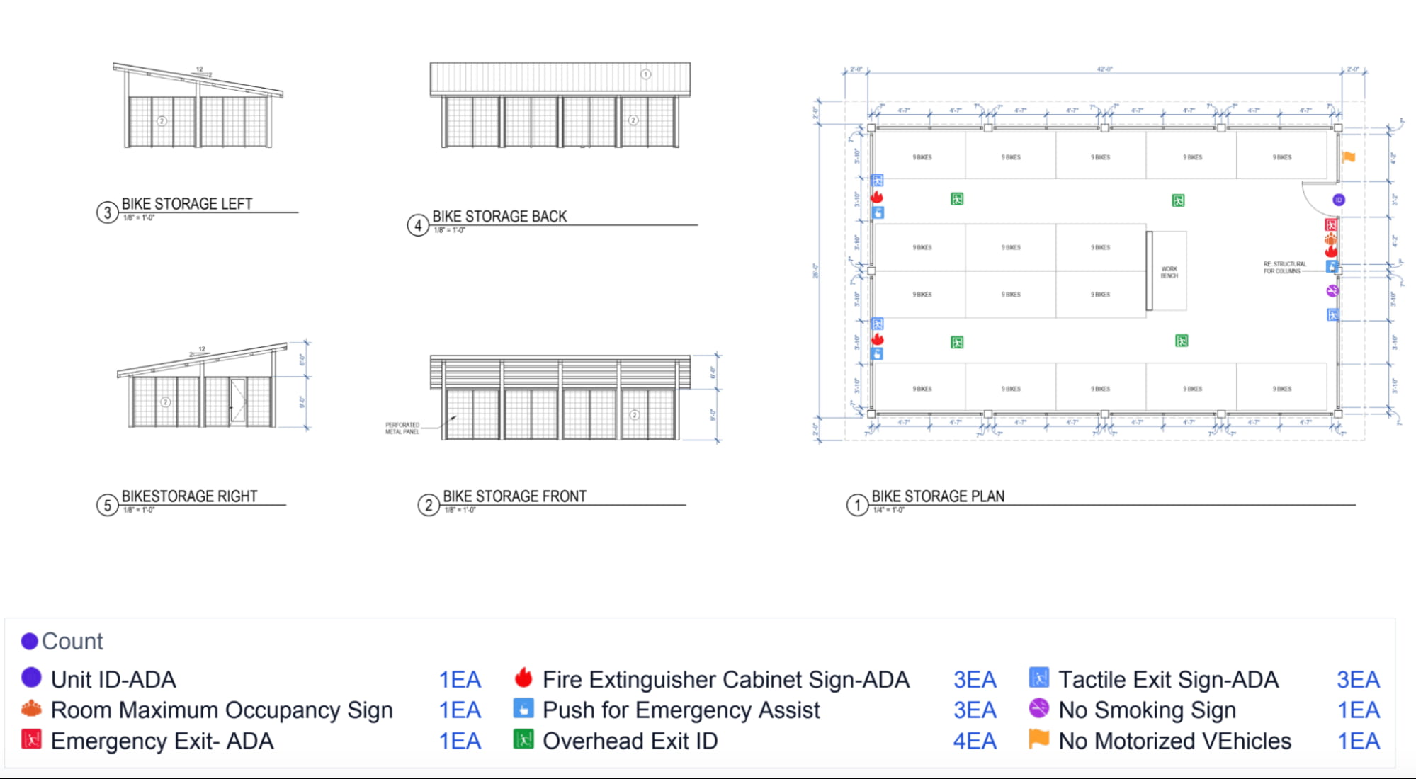 Commercial signage symbol set covering accessibility, life-safety, fire, regulatory, parking, identification, and wayfinding categories