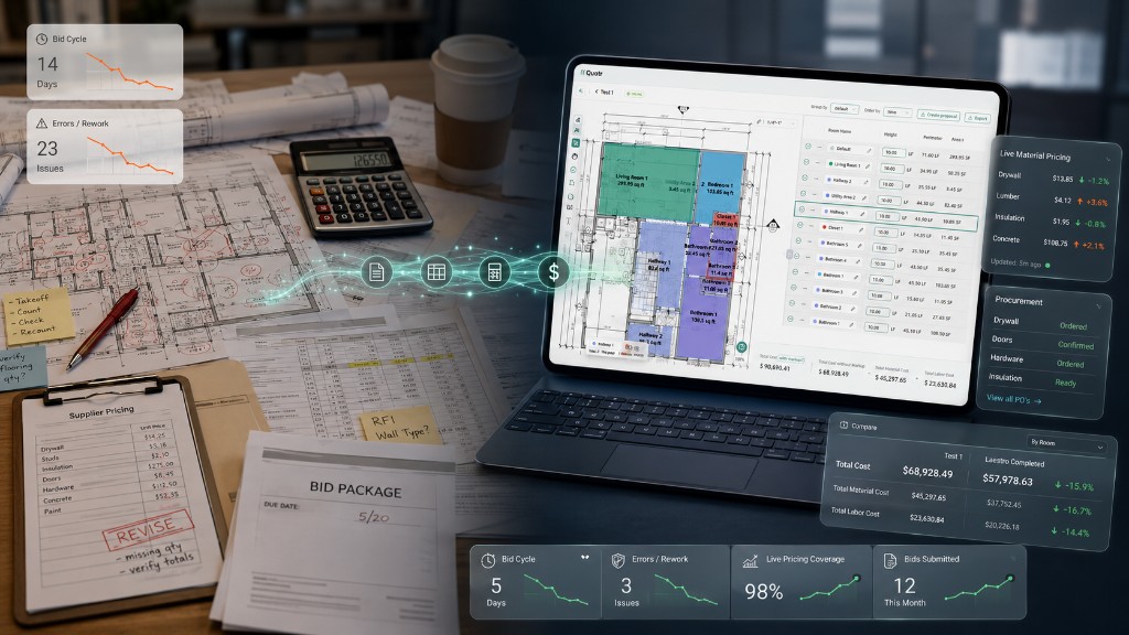 Split scene: cluttered paper estimating versus Quotr.ai tablet with color takeoff, live pricing, and procurement KPI tiles.
