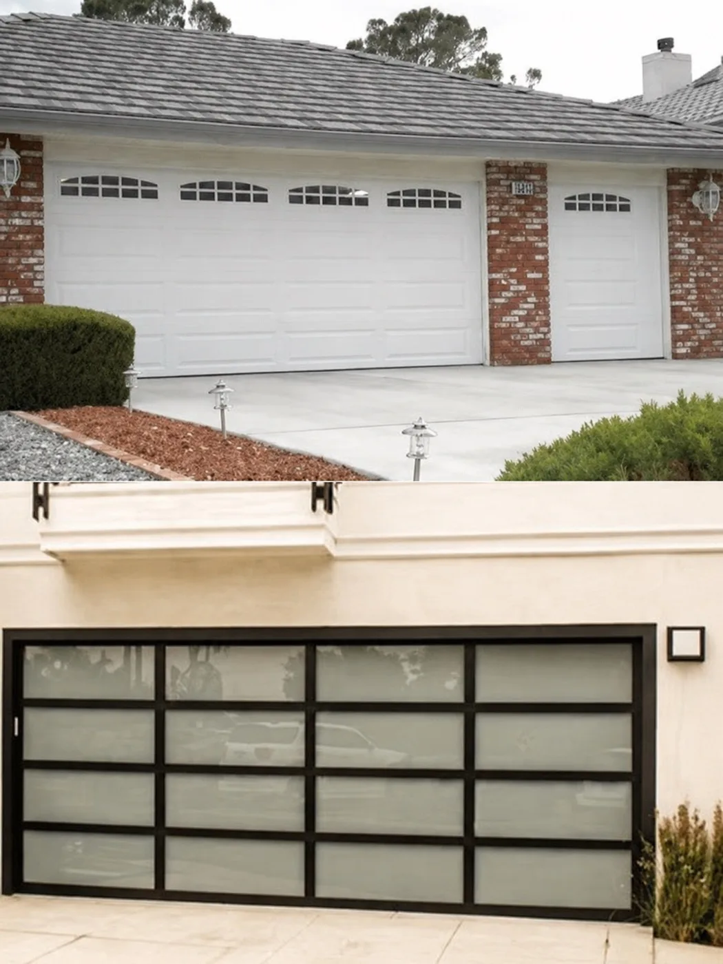 Raised-panel and full-view glass garage doors