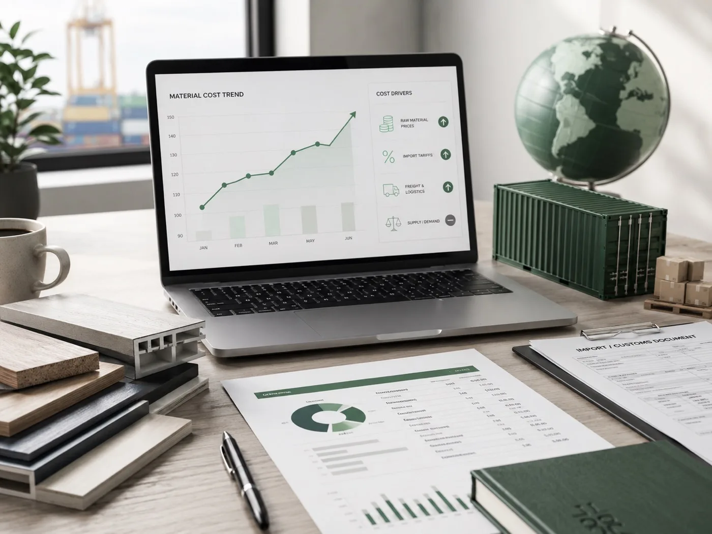 Procurement dashboard, cost trend chart, material samples and import documents on a desk