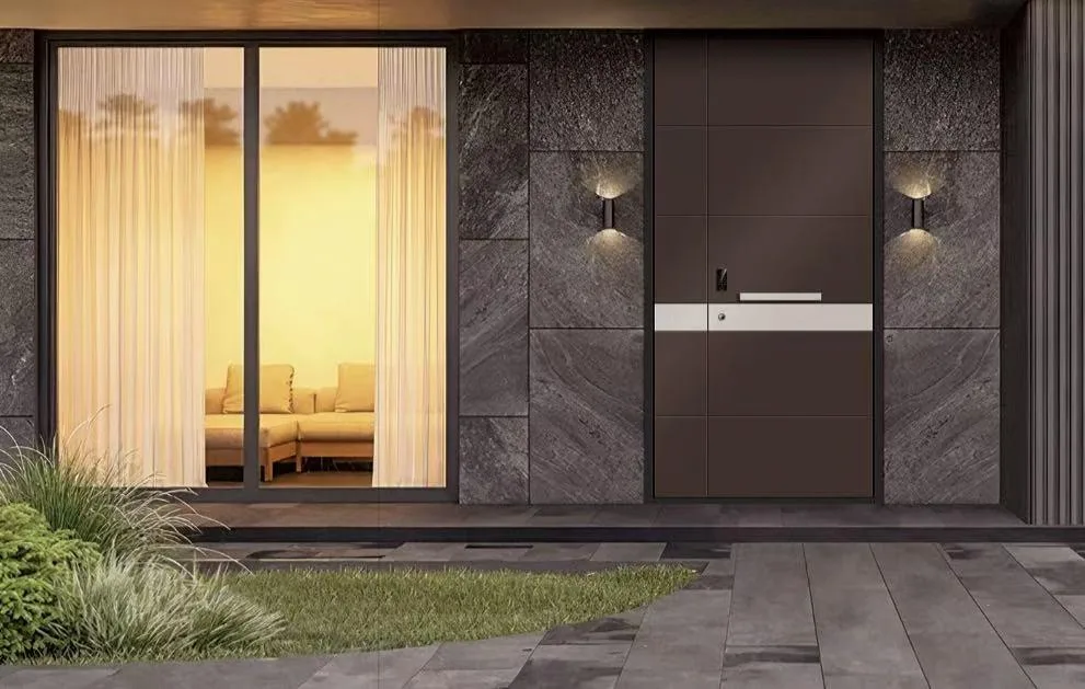 Modern entry door with sidelight in brown finish