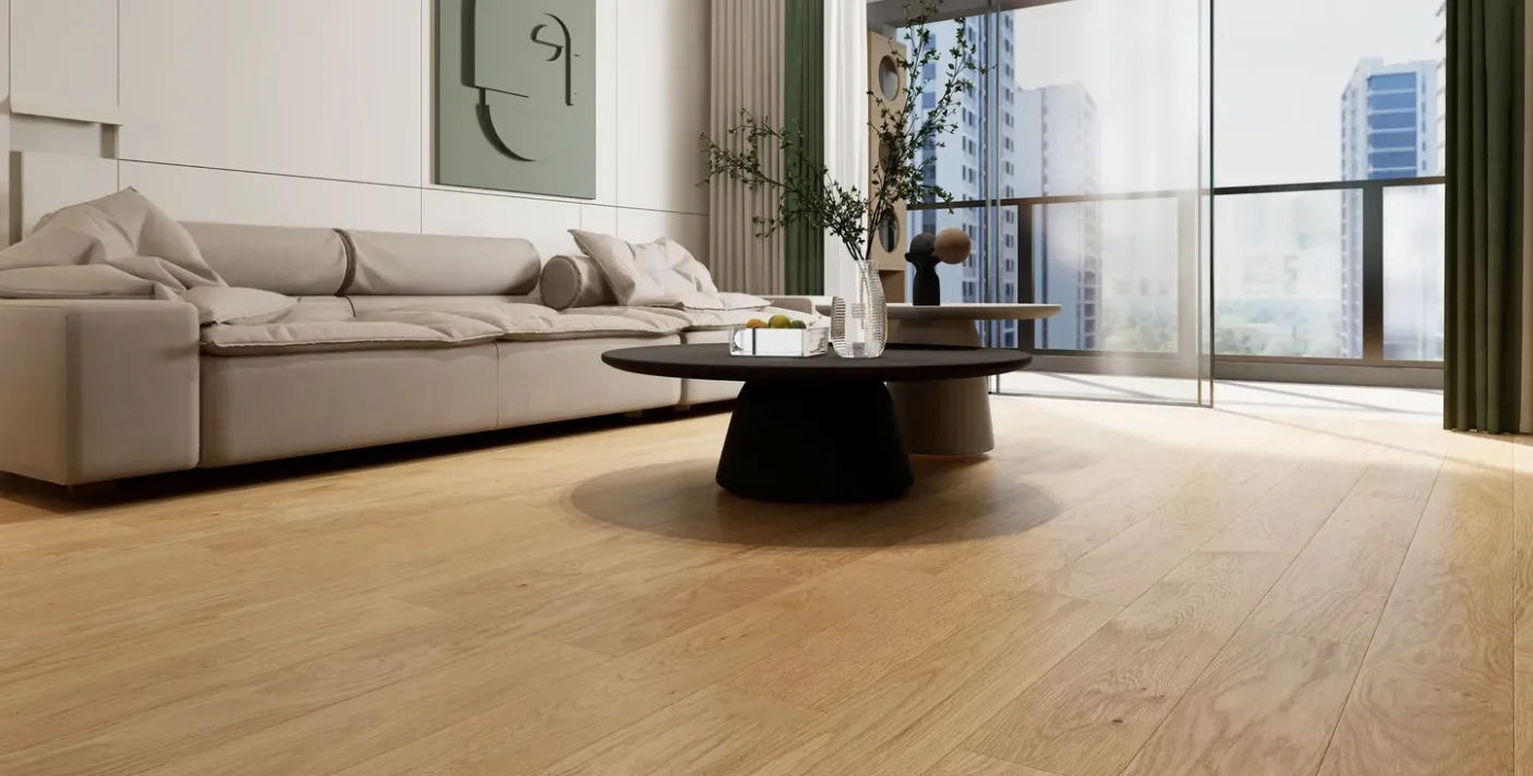 Engineered wood flooring in natural oak, living room install