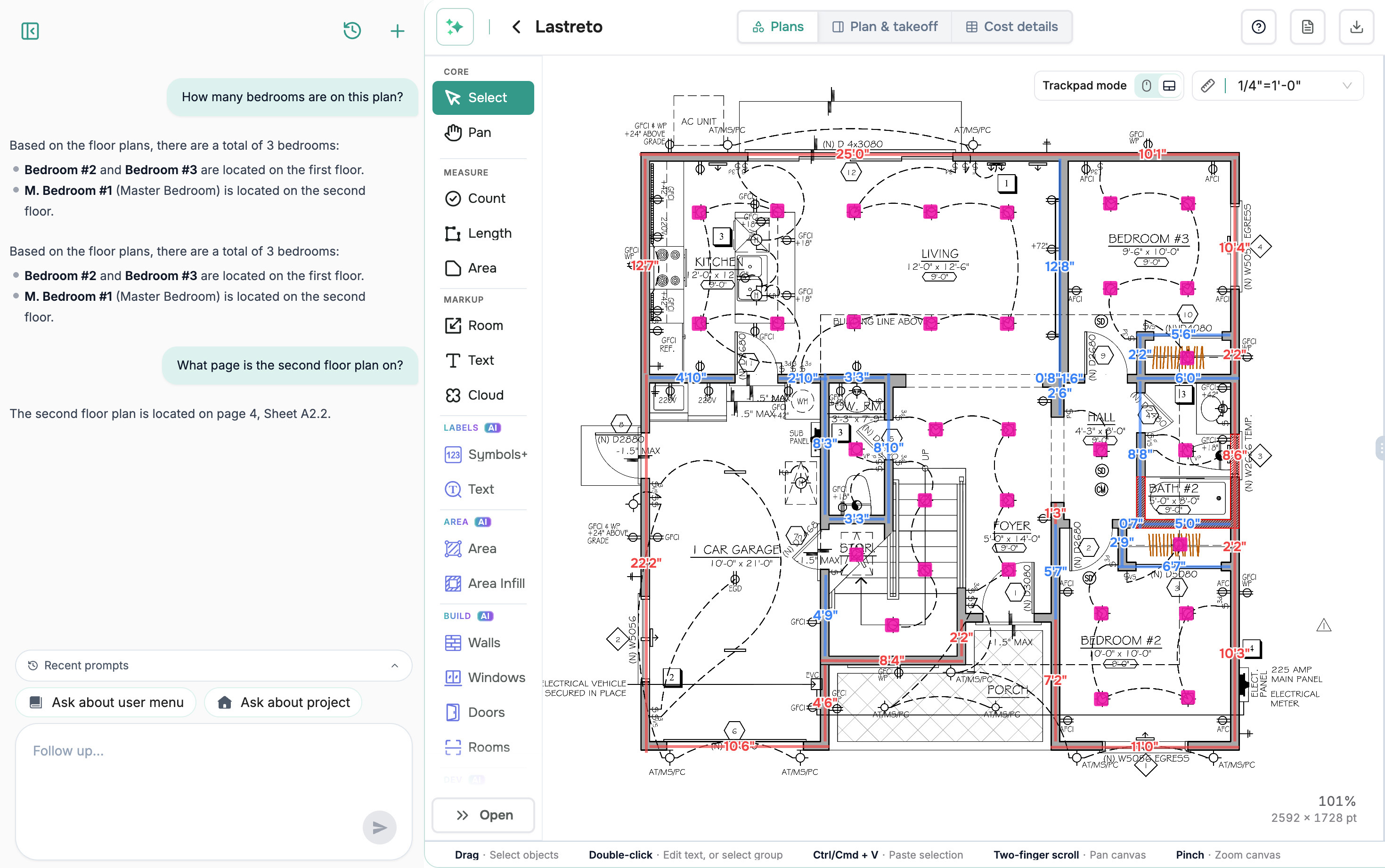 Quotr AI Agent chat panel alongside an annotated floor plan with counts and dimensions.