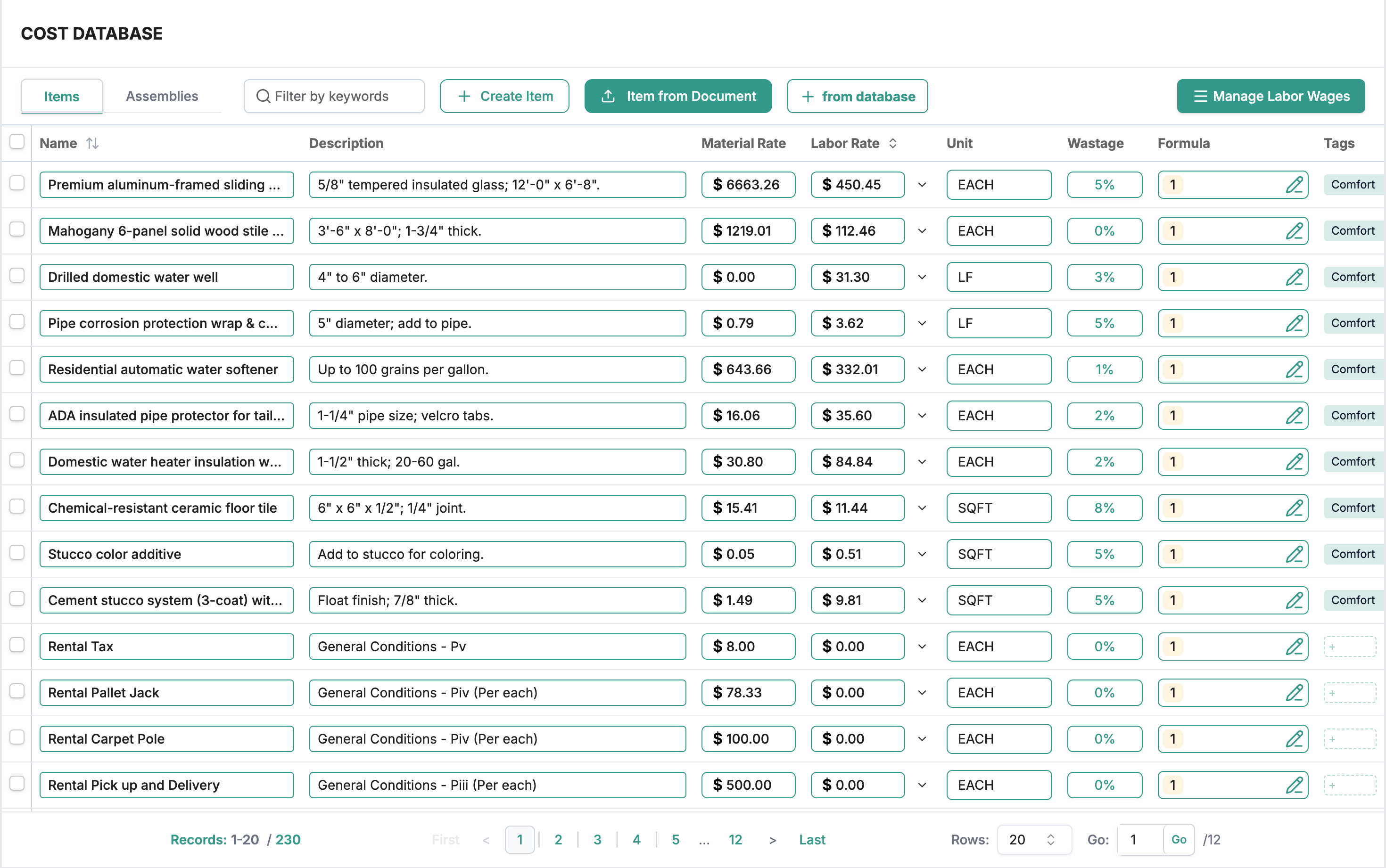 Quotr.ai cost database with material, labor, and unit rates in a searchable table.