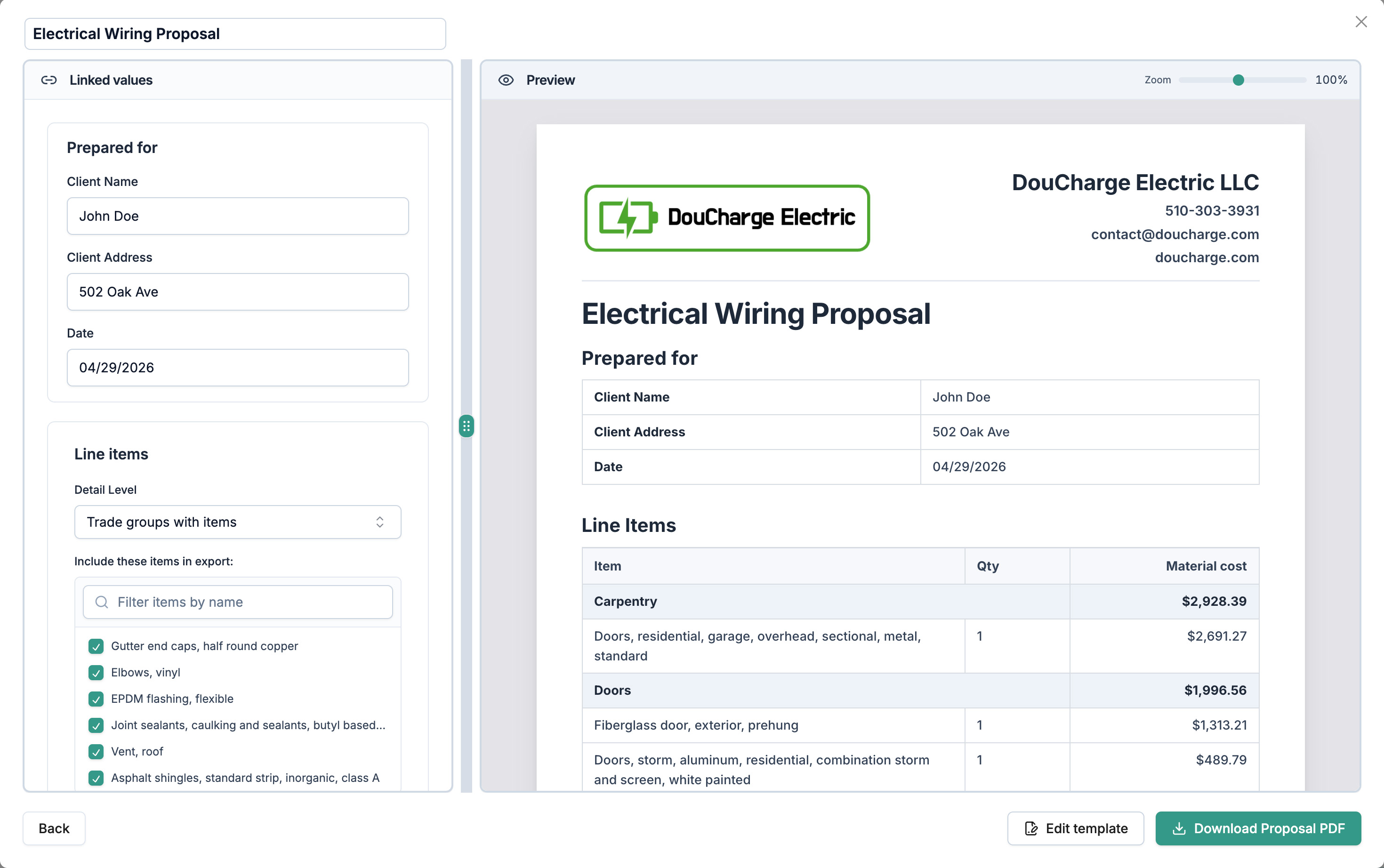 Quotr.ai proposal builder with client details, line items, and a live PDF preview.