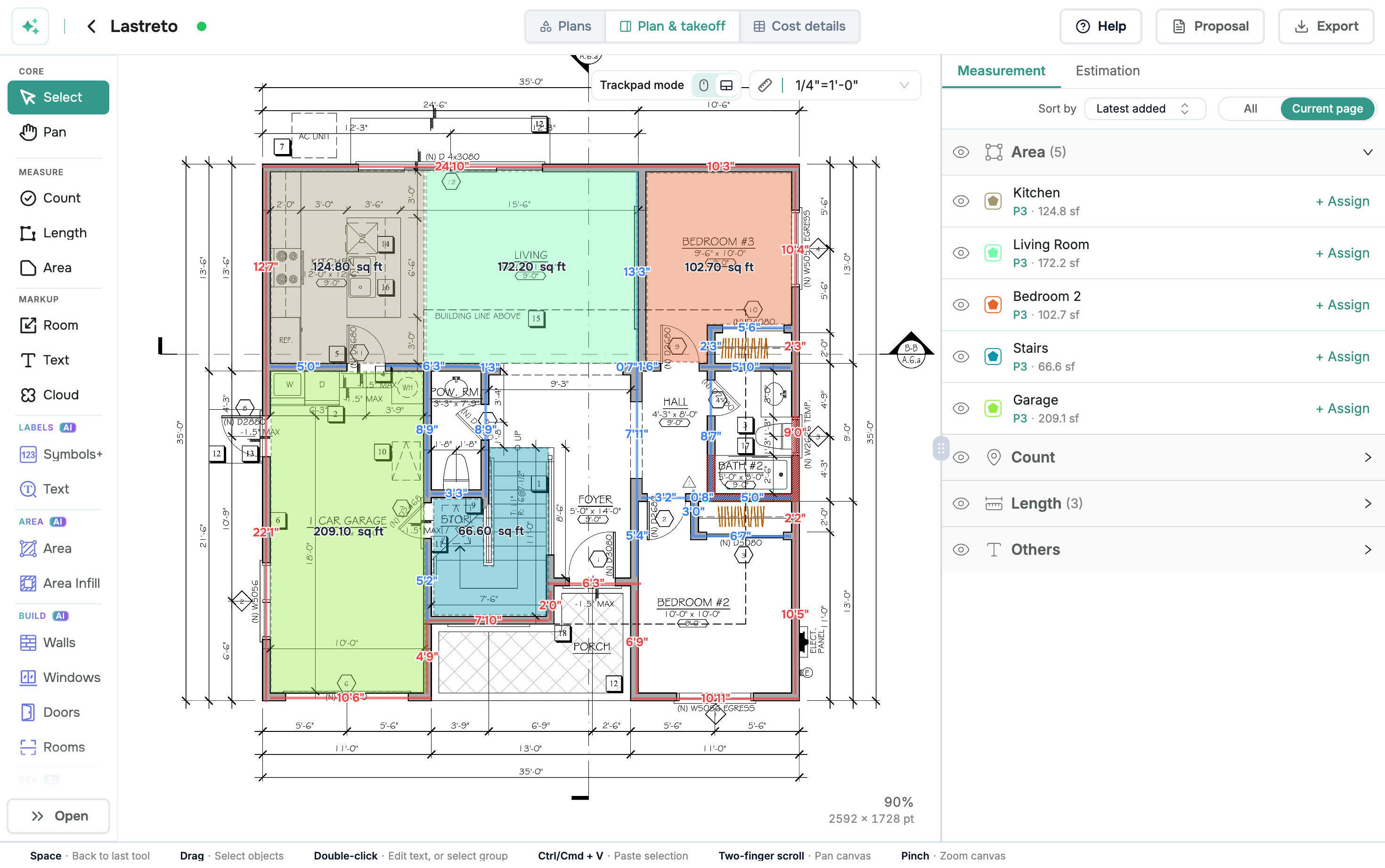 Quotr.ai plan and takeoff workspace with AI area measurements on a residential floor plan.