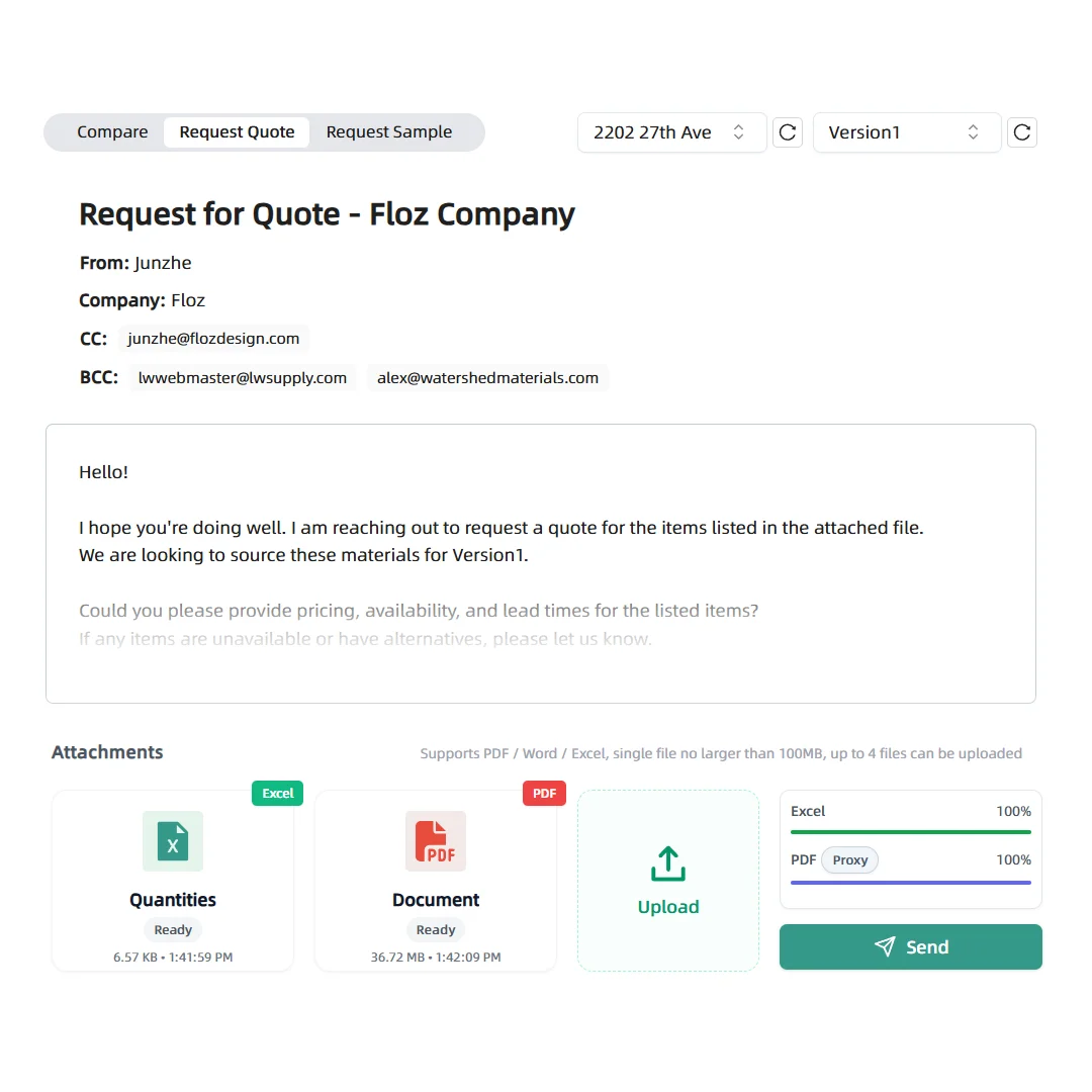 Procurement flow with quote requests and side-by-side supplier responses.