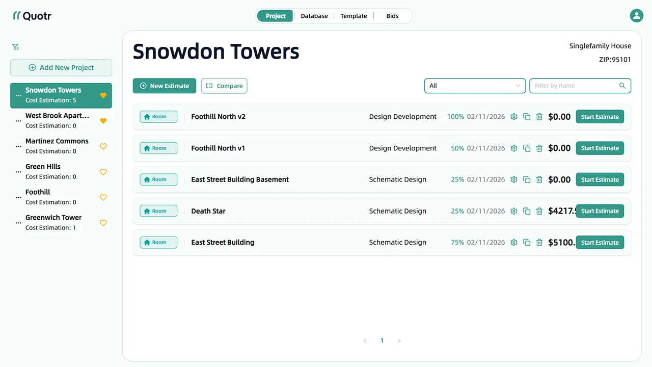 Project dashboard listing jobs and estimates in one workspace.