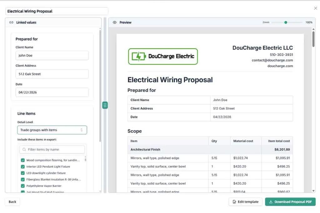 Proposal layout wired to live estimate fields before PDF export.