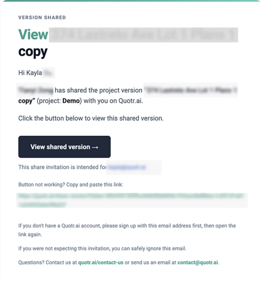 Share invitation email for a Quotr.ai project version