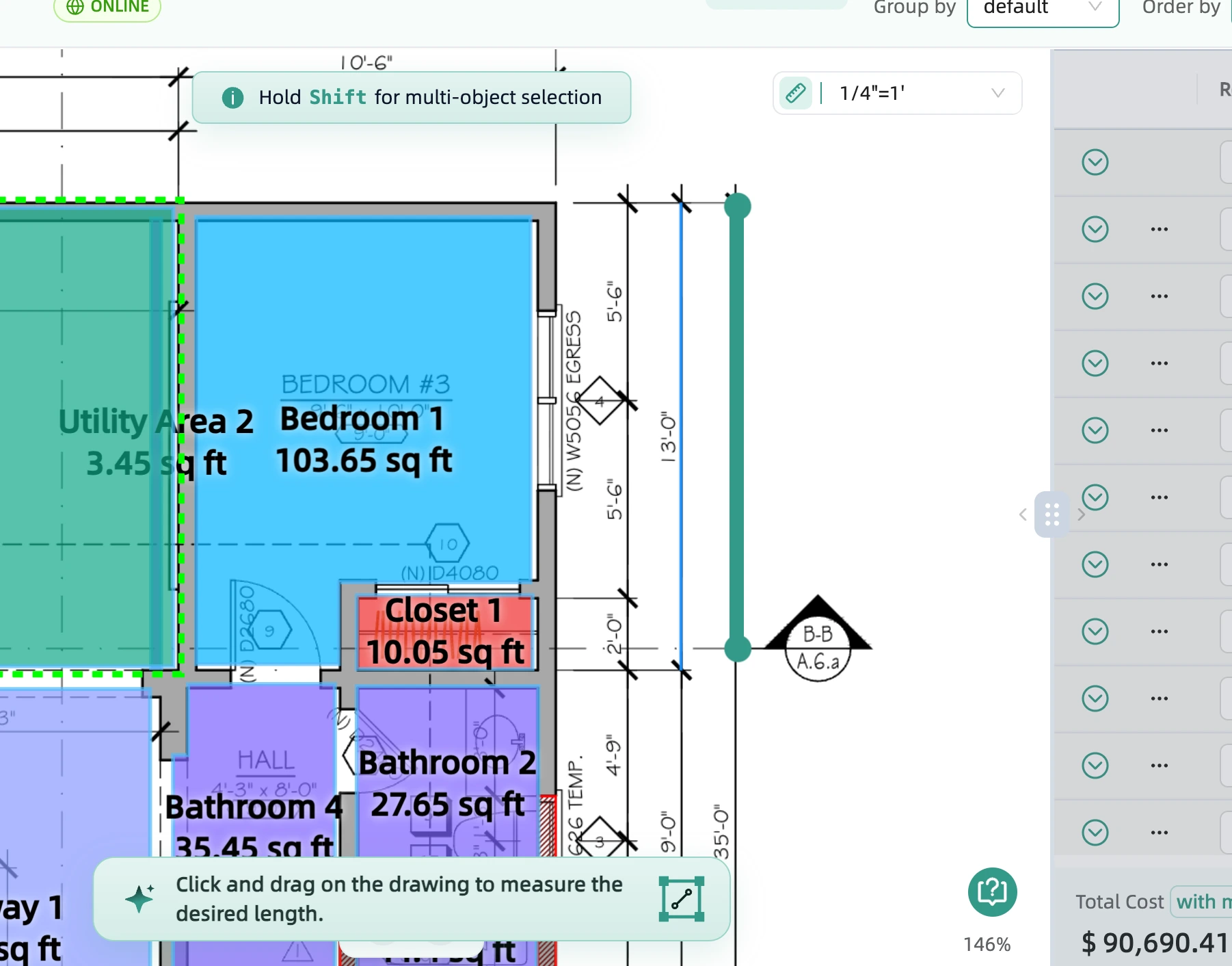 In-progress calibration: dragging a measurement line across a known printed distance on the construction drawing.