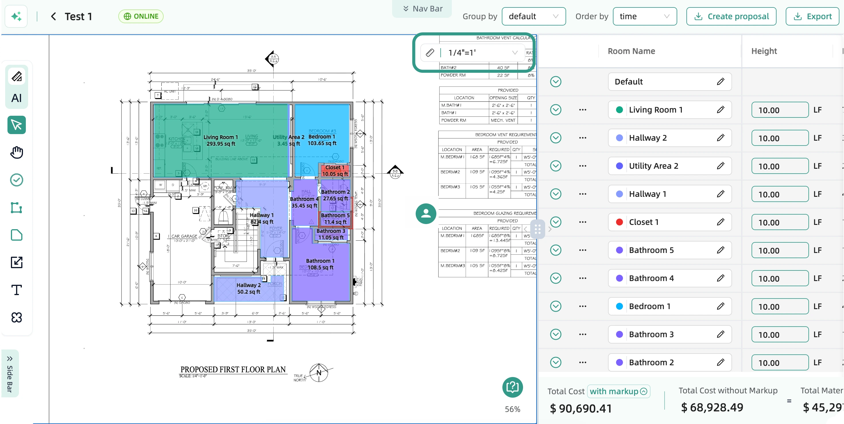 Quotr drawing viewer with the viewport scale dropdown and adjoining ruler calibration control highlighted along the top-right toolbar.
