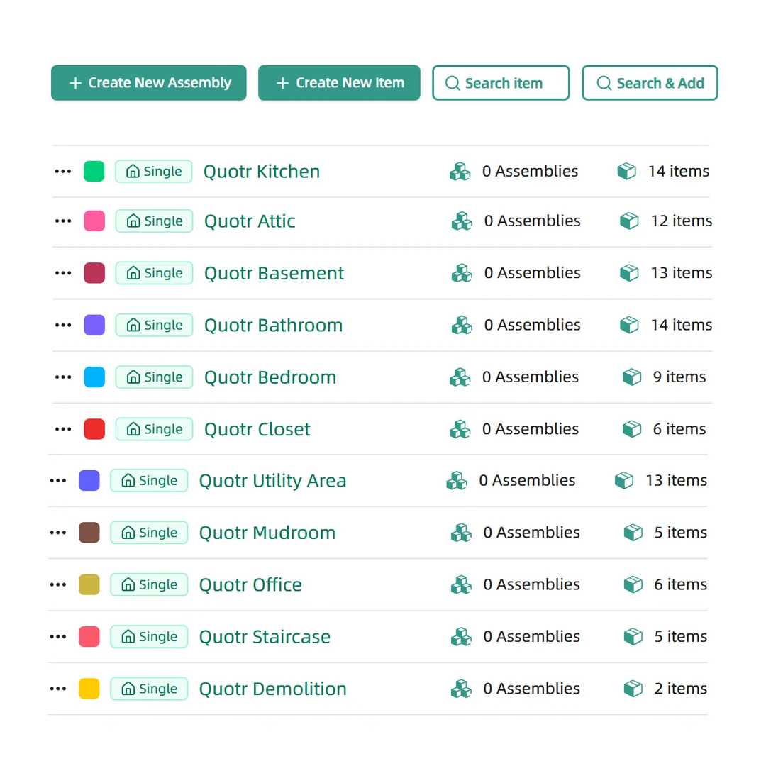 Quotr templates — rooms that fill in the right items every time